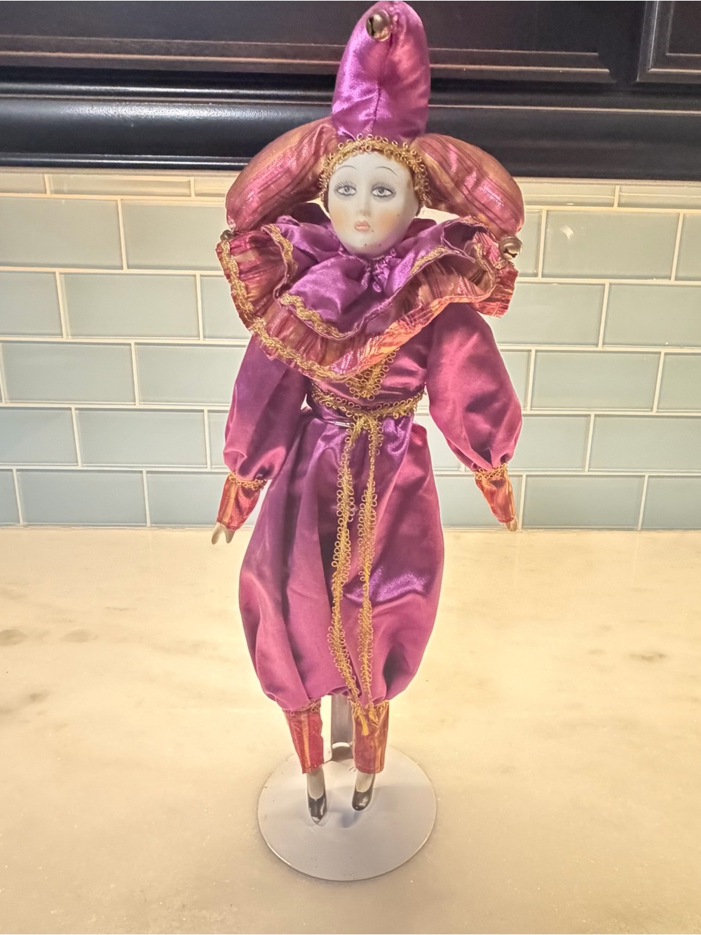 Purple Porcelain Jester Figurine in Satin Costume